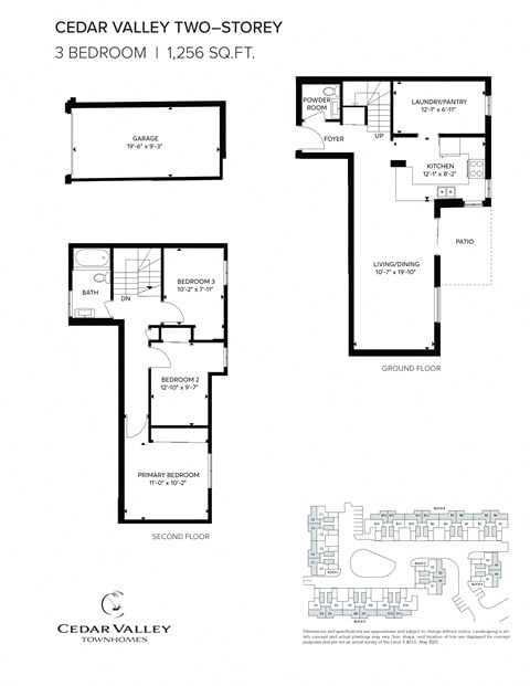 Floor plan for 3 beds, 2 baths, 1256 sqft